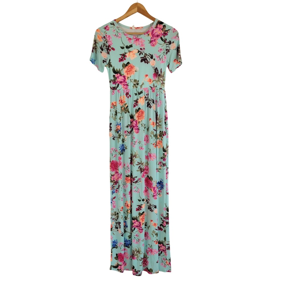 Pink Blush Floral Maxi Dress Blue Pink Size Small Short Sleeves